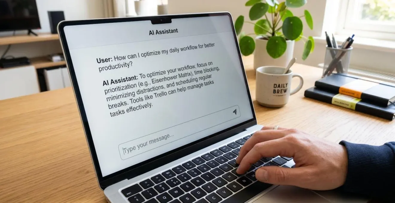 Extreme close-up of a laptop screen displaying an AI chat interface with visible conversation text, shallow depth of field blurring a modern office background