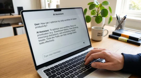 Extreme close-up of a laptop screen displaying an AI chat interface with visible conversation text, shallow depth of field blurring a modern office background