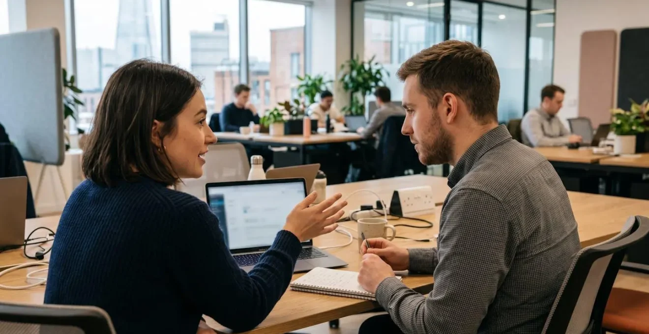 Two digital marketing professionals collaborating at a modern office desk, one gesturing towards a laptop screen during a data review session