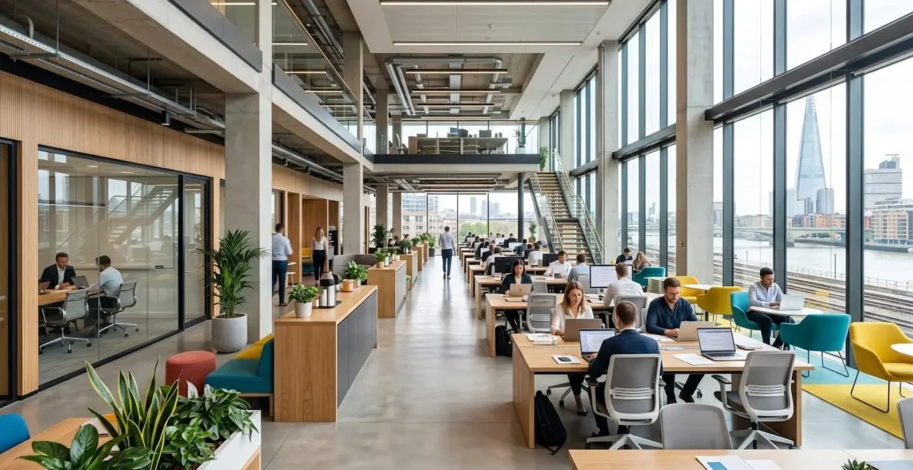 Modern British office interior with clean contemporary furniture, large windows flooding the space with natural daylight, desks with minimal equipment