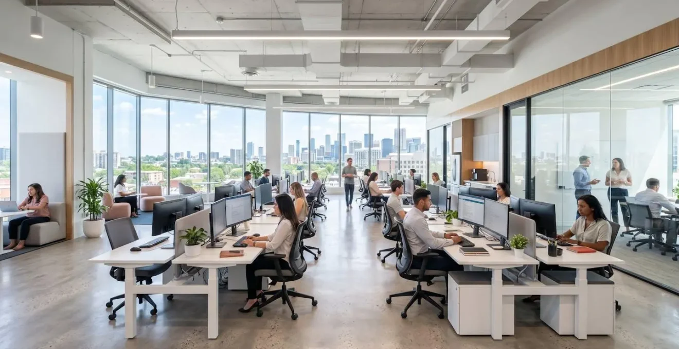 Wide-angle view of a modern open-plan office interior with clean desks, computer monitors, and large windows providing natural daylight