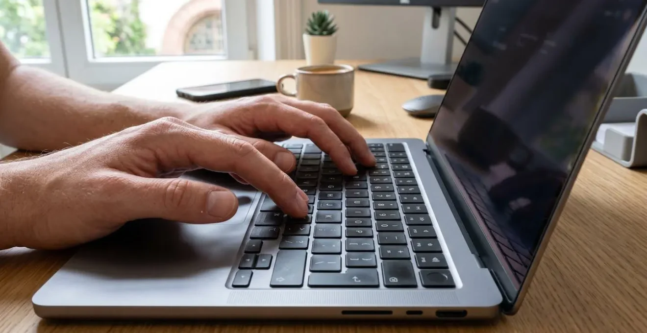 Extreme close-up of professional hands typing on a contemporary laptop keyboard in a bright office setting