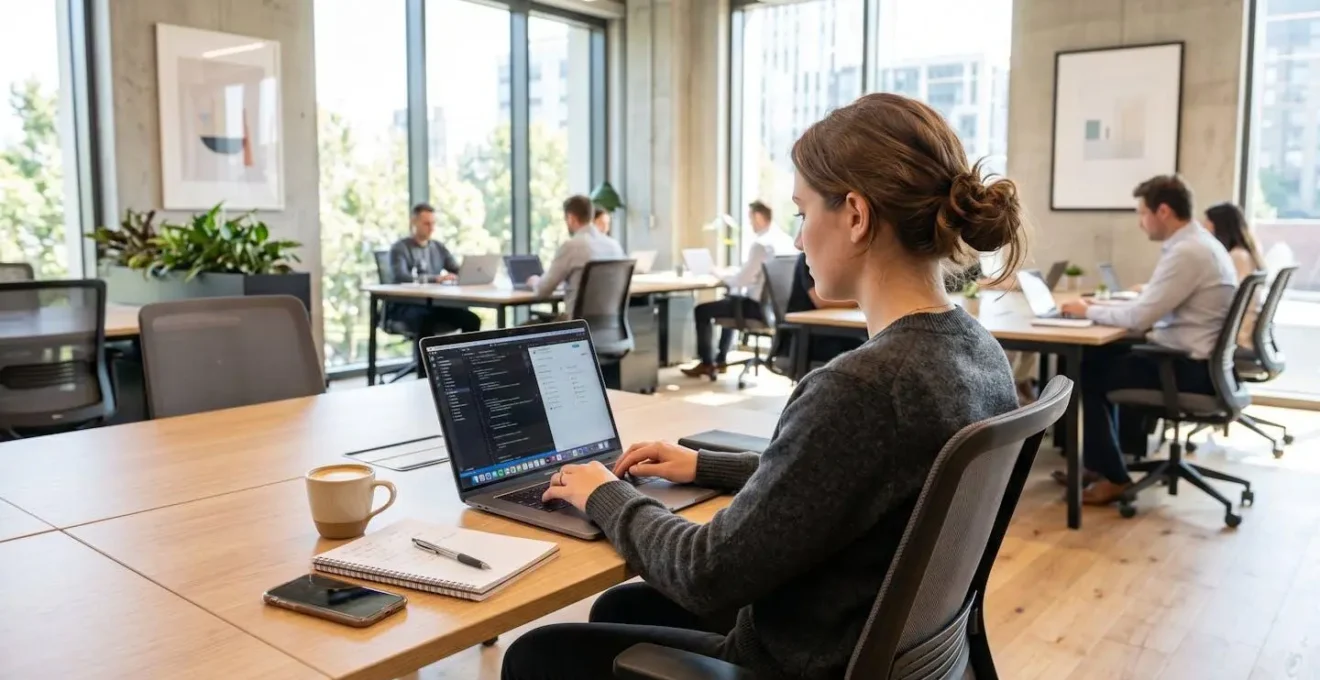 Over-the-shoulder view of a professional typing on a laptop at a clean desk with a notebook nearby in a bright contemporary office
